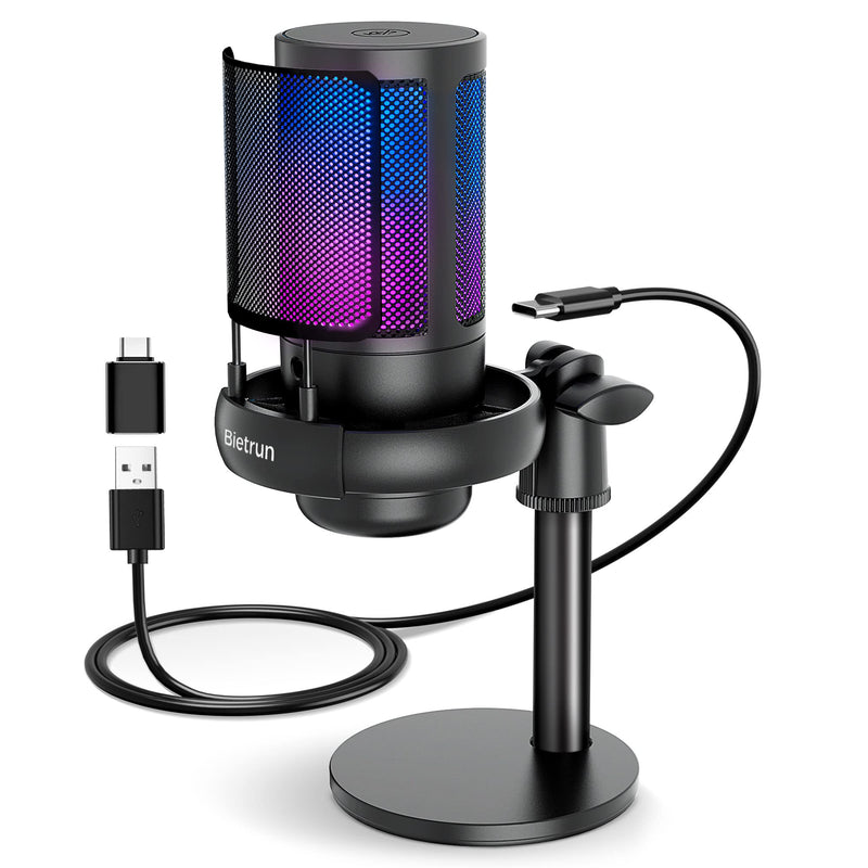  [AUSTRALIA] - Bietrun USB Microphone for PC, Computer Gaming Mic for/PC/PS4/ PS5/Desktop, with Mute, Plug & Play, RGB Light, Pop Filter & Monitoring Jack, for YouTube, Zoom, Recording