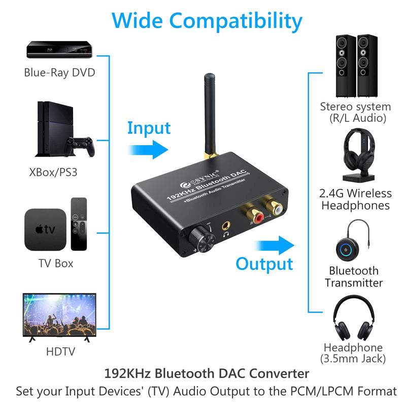  [AUSTRALIA] - eSynic 192kHz DAC Digital to Analog Audio Converter with Bluetooth V5.0 Transmitter Support AptX & Low Latency Optical Coaxial Digital Audio to Analog L/R RCA 3.5mm for TV Bluetooth Headphone Speaker