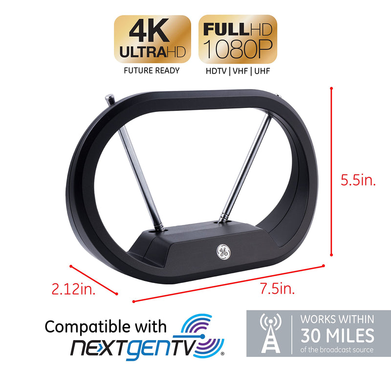  [AUSTRALIA] - GE Modern Loop Rabbit Ears Indoor TV Antenna, 15 inch Extendable Dipoles, 4K 1080P VHF UHF, Tabletop Antenna, Digital HDTV Antenna, Smart TV Compatible, 4ft Coaxial Cable, Black, 33675 Modern Loop Design