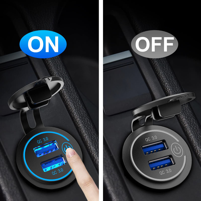  [AUSTRALIA] - Quick Charge 3.0 Dual USB Charger Socket, Qidoe Waterproof 12V USB Outlet 36W Dual QC3.0 USB Power Socket with Touch Switch DIY Car USB Port for Car Boat Marine RV Motorcycle Bus Truck Golf Cart etc Blue