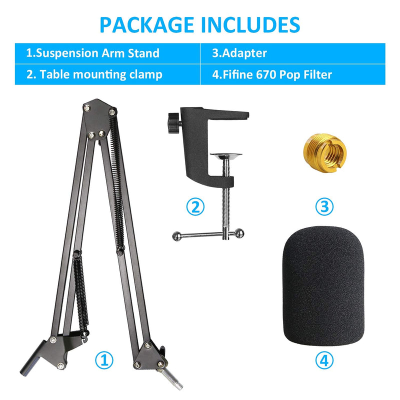  [AUSTRALIA] - K670 USB Mic Boom Arm with Foam Windscreen, Suspension Boom Scissor Arm Stand with Pop Filter Cover Compatible with Fifine K670 K658 Microphone by SUNMON Mic Stand and Pop Filter