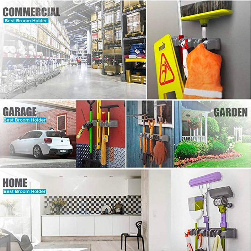  [AUSTRALIA] - Mop Broom Holder, Heavy Duty Broom Holder Wall Mount with 5 Positions 6 Hooks, Multi Functional Broom Organizer Wall Mount as Broom Closet Organizer Garage Kitchen, Mounting Screws and eBook Included