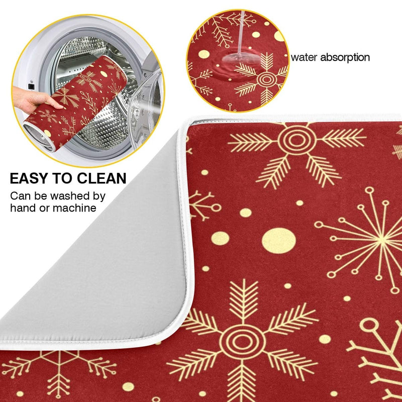  [AUSTRALIA] - Christmas Snowflakes On Red Dish Drying Mat for Kitchen, Absorbent Microfiber Drying Pad Dish Mat, 16" X 18" 16x18in Multi 1