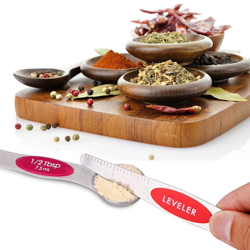  [AUSTRALIA] - PAKITNER Magnetic Measuring Spoons Set, Dual Sided, Stainless Steel, Fits in Spice Jars, Multi-Color, Set of 8