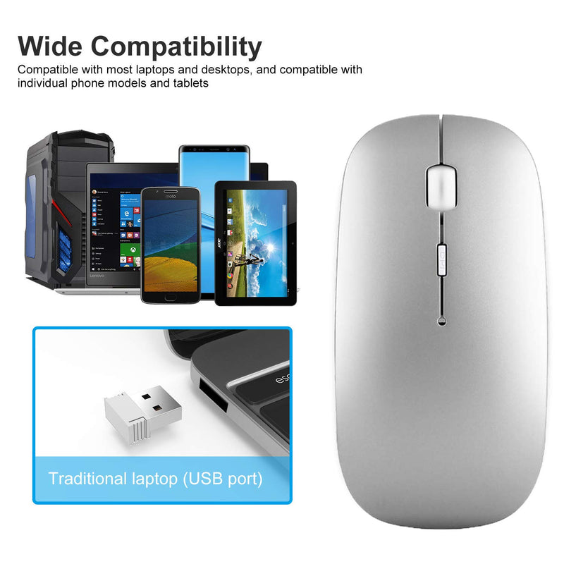 Rechargeable Wireless Mouse, 2.4G Slim Mute Silent Click Noiseless Optical Mouse with USB Receiver Compatible with Notebook, PC, Laptop, Computer, MacBook (Silver) Silver - LeoForward Australia