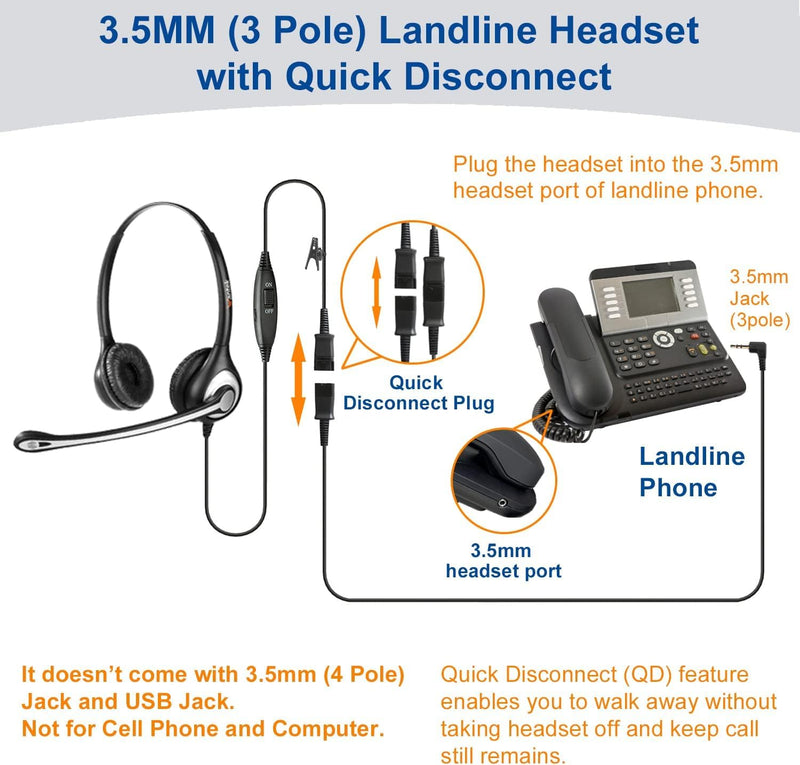  [AUSTRALIA] - 3.5mm Telephone Headset with Microphone Noise Cancelling & Quick Disconnect, Dual-Ear Office Phone Headset Work for Alcatel-Lucent IP Touch 4028 4029 4038 4039 4068 8028 8029 8039 Landline Phones Binaural