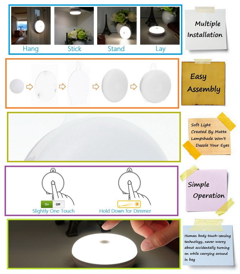 Rechargeable Touch Light, RTSU DIY Stick Anywhere Led Night Light Touch Lamp Tap Light (Touch Sensor Switch, Stepless Dimmer, Last Setting Memory, Built-in Battery Powered, Warm White Light) - LeoForward Australia