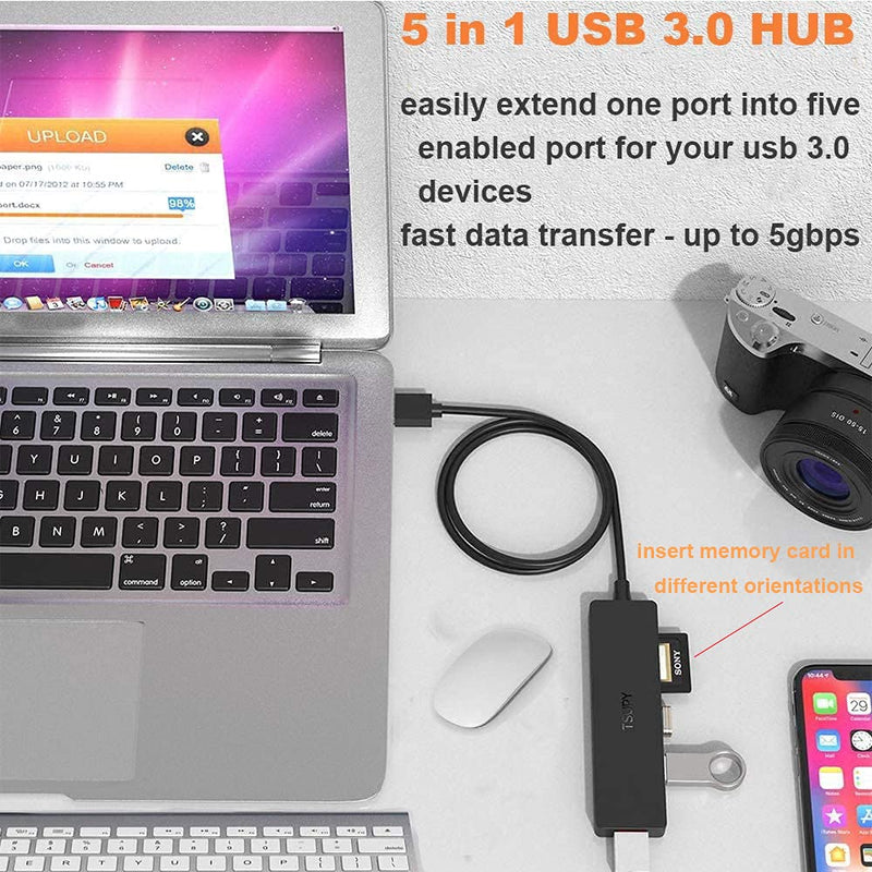 TSUPY USB 3.0 Hub Multi USB HUB with 4ft/48inch Extended Cable, SD/TF Card Reader & 3 USB 3.0 Ports Compatible for PC, Laptops, Surface Pro, MacBook, Mac Mini, iMac Pro - LeoForward Australia