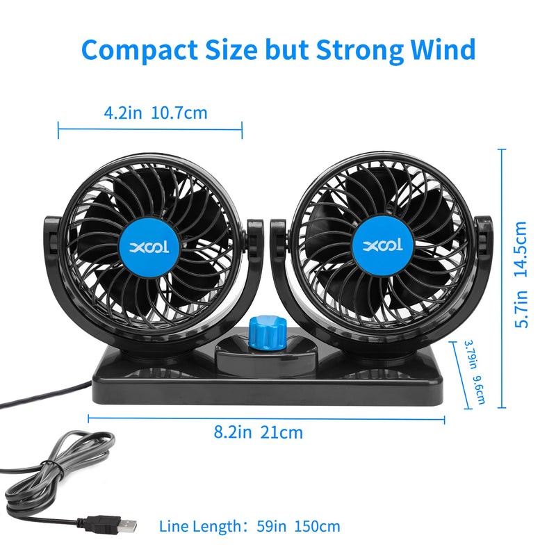  [AUSTRALIA] - XOOL Car Fan, USB Portable Cooling Air Fan for Car, 360 Degree Rotatable Dual Head Desk Fans with 2 Speed Strong Wind for Dashboard SUV, RV, Vehicles, Boat, Home & Office - USB Powered Dual Head USB Plug