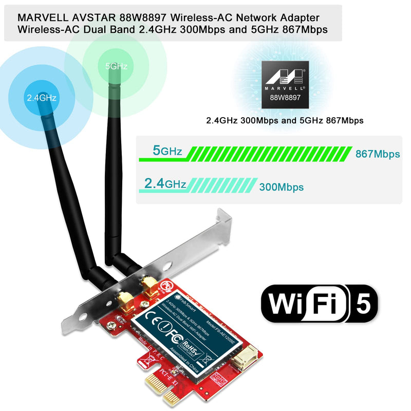  [AUSTRALIA] - FebSmart Wireless AC 1200Mbps PCIE Wi-Fi Card with WiFi Stereo Adapter for Windows 11,10 (32/64bit), Windows 8.1 64bit and Windows Server 2012, 2012R2, 2016, 2019 Desktop PCs (FS-AE120SE)