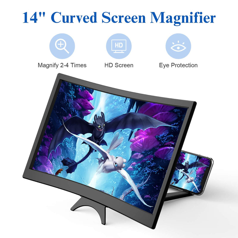  [AUSTRALIA] - 14" Curved Screen Magnifier for Cell Phone -3D HD Magnifing Projector Screen Enlarger for Movies, Videos, and Gaming – Foldable Phone Stand Holder with Screen Amplifier–Compatible with All Smartphones