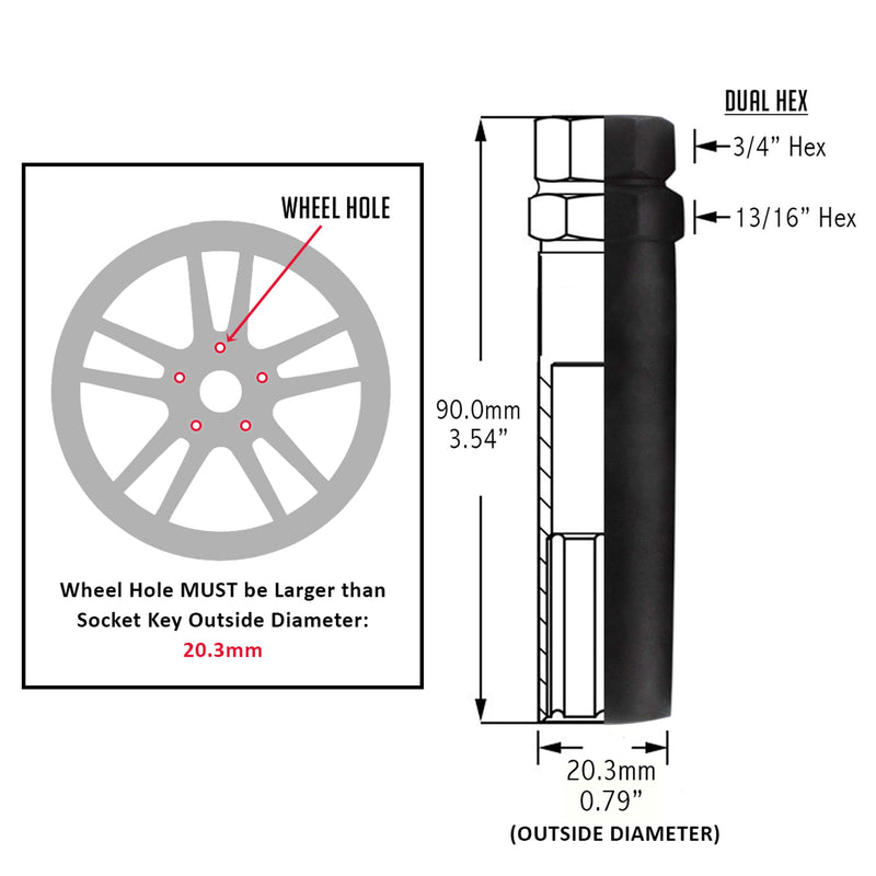 Wheel Accessories Parts 6 Point Spline Drive Tuner Socket Key Tool for 6 Spline Lug Nut. 16.2mm Inner Diameter- Dual Hex Key with 19mm (3/4) and 21mm (13/16) - LeoForward Australia