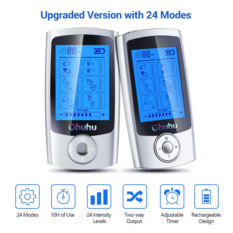 Rechargeable TENS Units, Ohuhu 24 Modes TENS & Powered Muscle Stimulator Massager, 16 Pads Muscle Stimulator, Electric Massager for Back Shoulder Pain Relief Mother Father, Christmas Day Gift Silver - LeoForward Australia
