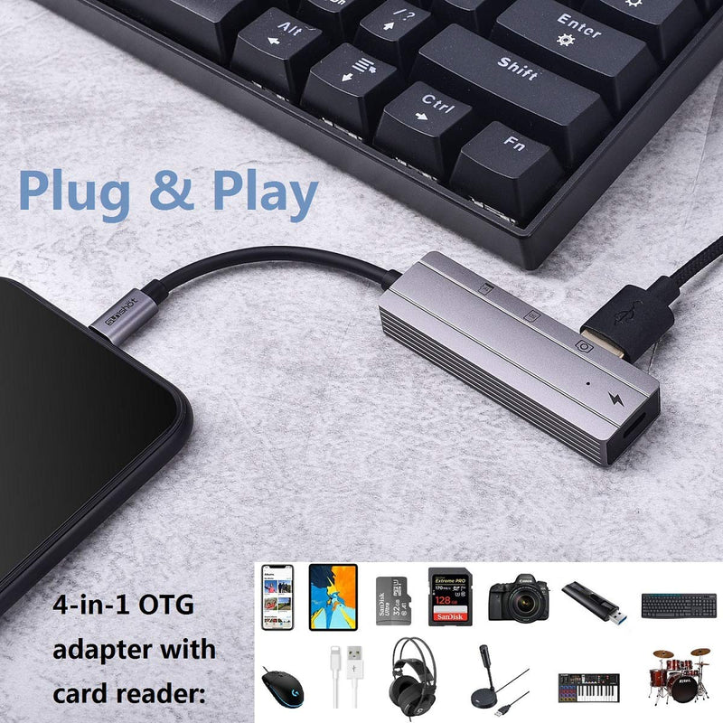 sunshot SD TF Card Reader Hub, 4in1 USB Camera Adapter with USB Female OTG Cable, Charging and Slot Card, Compatible with Phone12/11/Xs/Xr/X & Pad, Support USB Disk, Mouse, Keyboard, Hubs, MIDI (Gray) Gray - LeoForward Australia