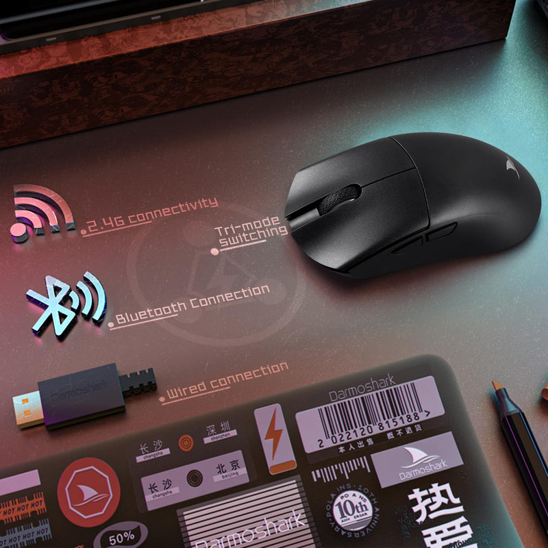  [AUSTRALIA] - Darmoshark M3 Wireless Gaming Mouse,Tri-Mode 2.4G/USB-C/Bluetooth Mouse Up to 26000DPI,PAW3395 optical sensor Lightweight 58g,8 programmable button 500MAh Battery Life,Computer Mouse for Laptop,PC,Mac TTC gold switches black