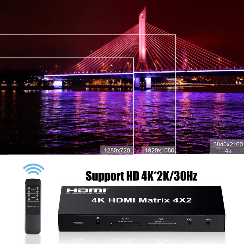  [AUSTRALIA] - FERRISA 4x2 HDMI Matrix Switch,4 in 2 Out Matrix HDMI Video Switcher Splitter +Optical & L/R Audio Output,Support Ultra HD 4K,3D 1080P,Audio EDID Extractor with IR Remote Control 4K@30Hz