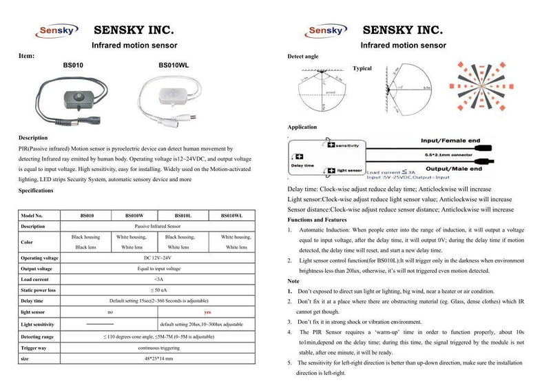 Sensky BS010W DC 12V to 30V 3A Mini Pir Motion Sensor Switch,Occupancy Sensor Switch for Gun Safe, Kitchen Cabinet, Pantry, Closet led lighting (White-Without Light Sensor) - LeoForward Australia