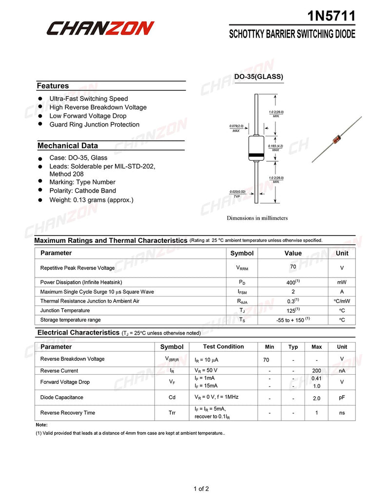 (Pack of 50 Pieces) Chanzon 1N5711 Schottky Barrier Rectifier Diodes 15mA 70V DO-35 (DO-204AH) Axial 5711 IN5711 15 mA 70 Volt Small Signal Switching Diode - LeoForward Australia