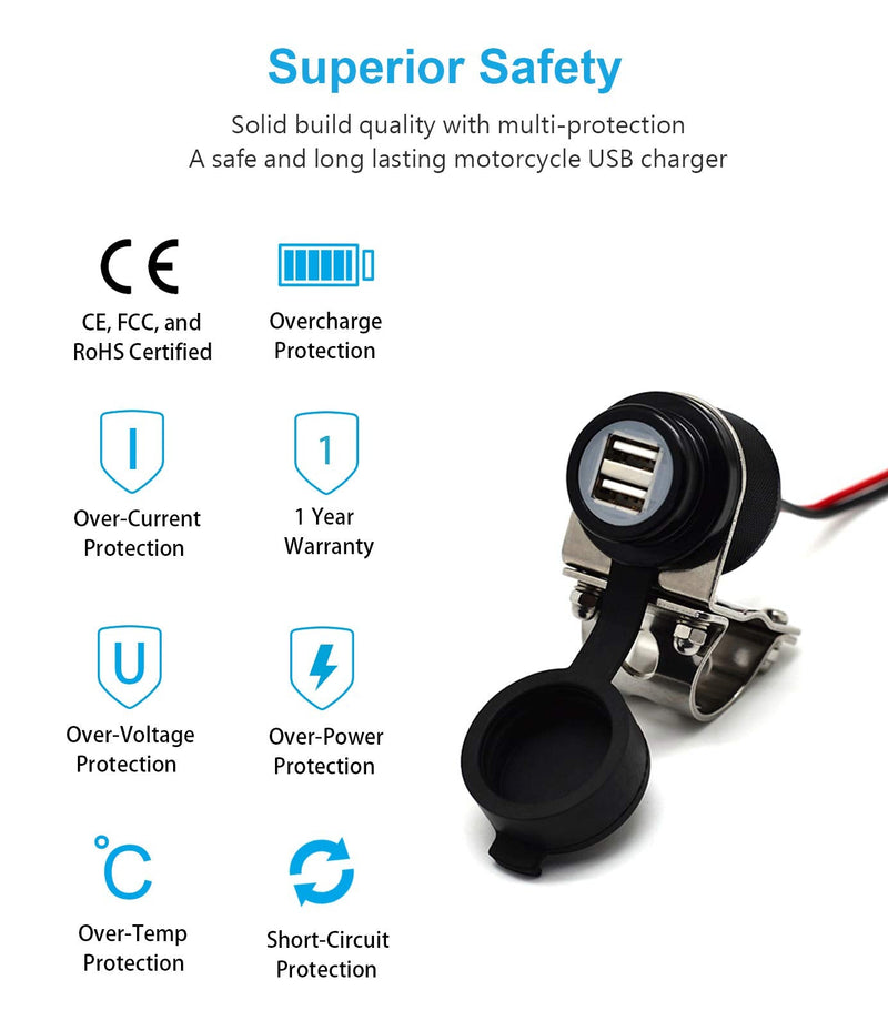  [AUSTRALIA] - Cliff Top 4.6 Amp 23W Aluminium Motorcycle USB Charger with Dual-Port Fast Charing, Heavy Duty, Waterproof for 7/8’’, 1’’ Handlebars on ATV/UTV for Smart Phones, GPS, Tablets and Cameras (Black) Black