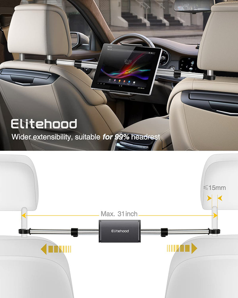  [AUSTRALIA] - Elitehood Aluminum iPad Holder for Car, Back Seat Anti-Shake Car Tablet Holder, Adjustable Headrest iPad Car Mount for iPad Mini, iPad, iPad Air, iPad Pro 12.9 11, Switch, and 4-13in Tablets & Phones