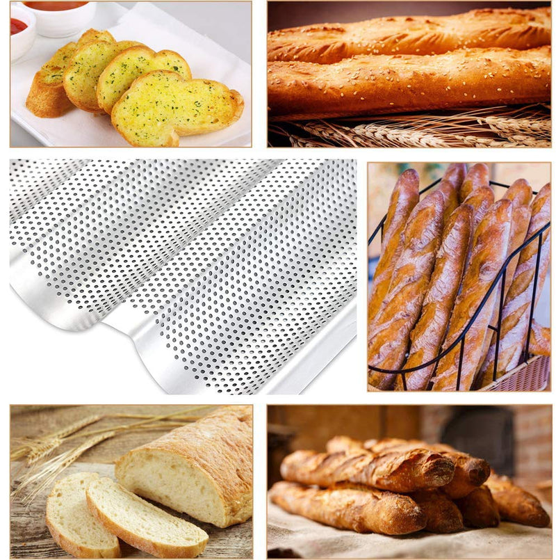  [AUSTRALIA] - Stainless Steel French Baguette Bread Pan, Non-Toxic Perforated Loaf Pans for Baking 15"x10", 3 Waves Toaster Oven Baking Tray (1 Pack) 1