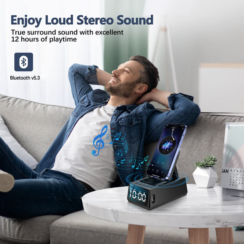  [AUSTRALIA] - Cell Phone Stand with Wireless Bluetooth Speaker, Gifts for Men or Women, Anti-Slip Design with HD Surround Sound, Adjustable Tablet Holder with Alarm Clock, Compatible with Phones & Tablets, Gadgets