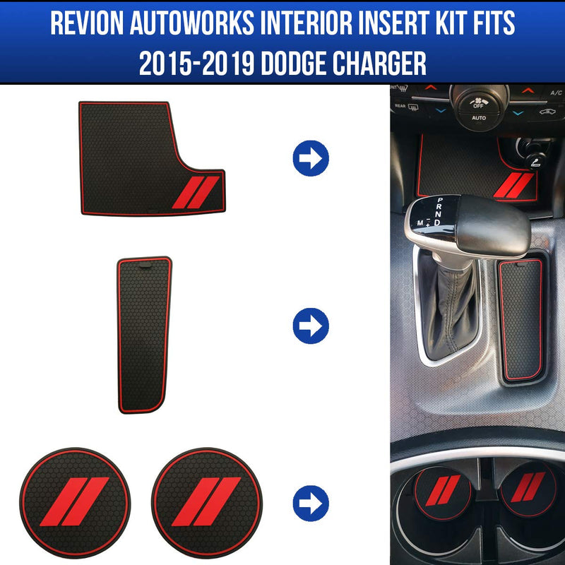  [AUSTRALIA] - GRIDREADY Custom Fit for 2015-2020 Dodge Charger Cup Holder Insert & Center Console Shifter Liner Trim Mats | Custom Fit Non Slip Storage Bin Mat Set | Interior Accessories (4 pcs) Cup Holder & Center Console