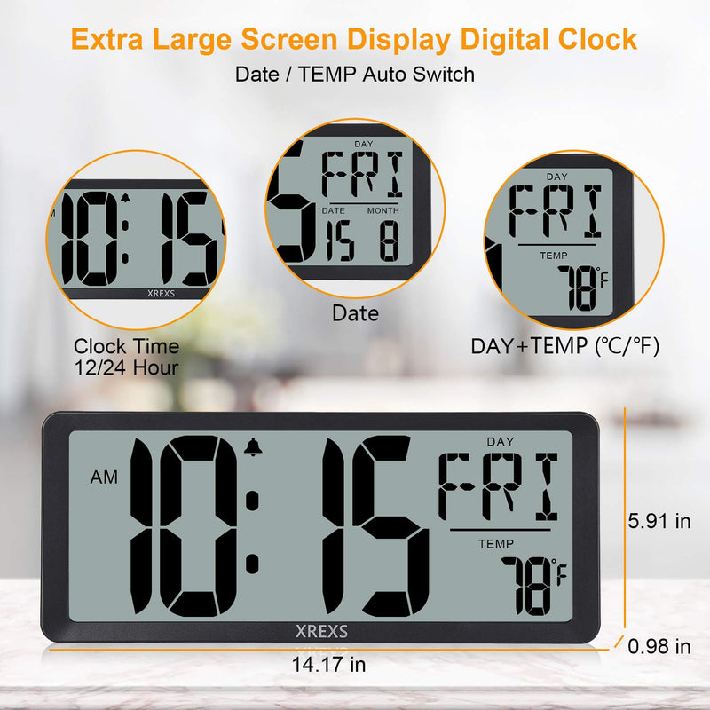  [AUSTRALIA] - XREXS Large Digital Wall Clock, Battery Operated Alarm Clocks for Bedroom Home Decor, Count Up & Down Timer, 14.17 Inch Large LCD Screen with Time/Calendar/Temperature Display (Batteries Included)