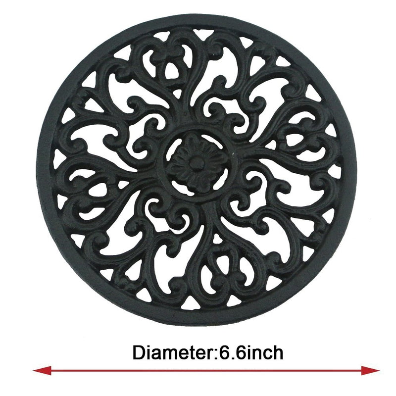 Ogrmar 6.6" Diameter Decorative Cast Iron Round Trivet with Vintage Pattern for Rustic Kitchen Or Dining Table with Rubber Pegs (6.6", Brownish black) - LeoForward Australia