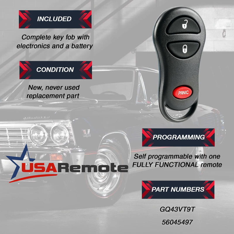  [AUSTRALIA] - Car Key Fob Keyless Entry Remote fits Dodge 1999-2002 Ram / 1999-2000 Dakota / 1999-2000 Durango (GQ43VT9T, 56045497) c-547-3btn