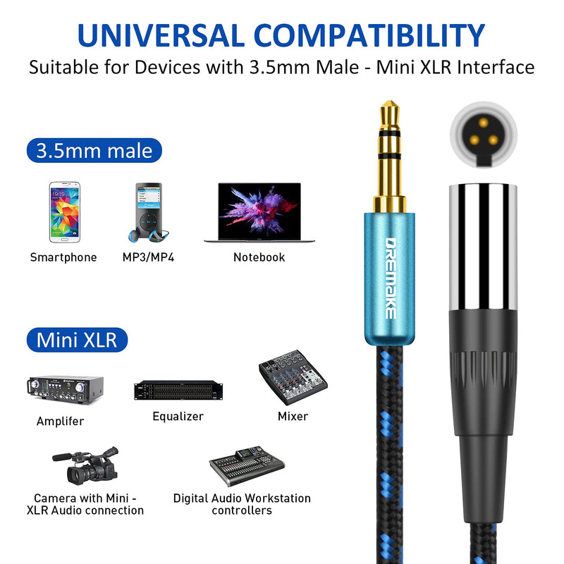  [AUSTRALIA] - DREMAKE 3-Pin Mini XLR to Jack 3.5mm Plug Stereo Audio Balanced Cable, 1/8" TRS 3.5mm Male to Mini XLR Male Adapter Cable for Cameras, Headphones, 1 Feet - Blue Tweed Braided 1Feet/30CM