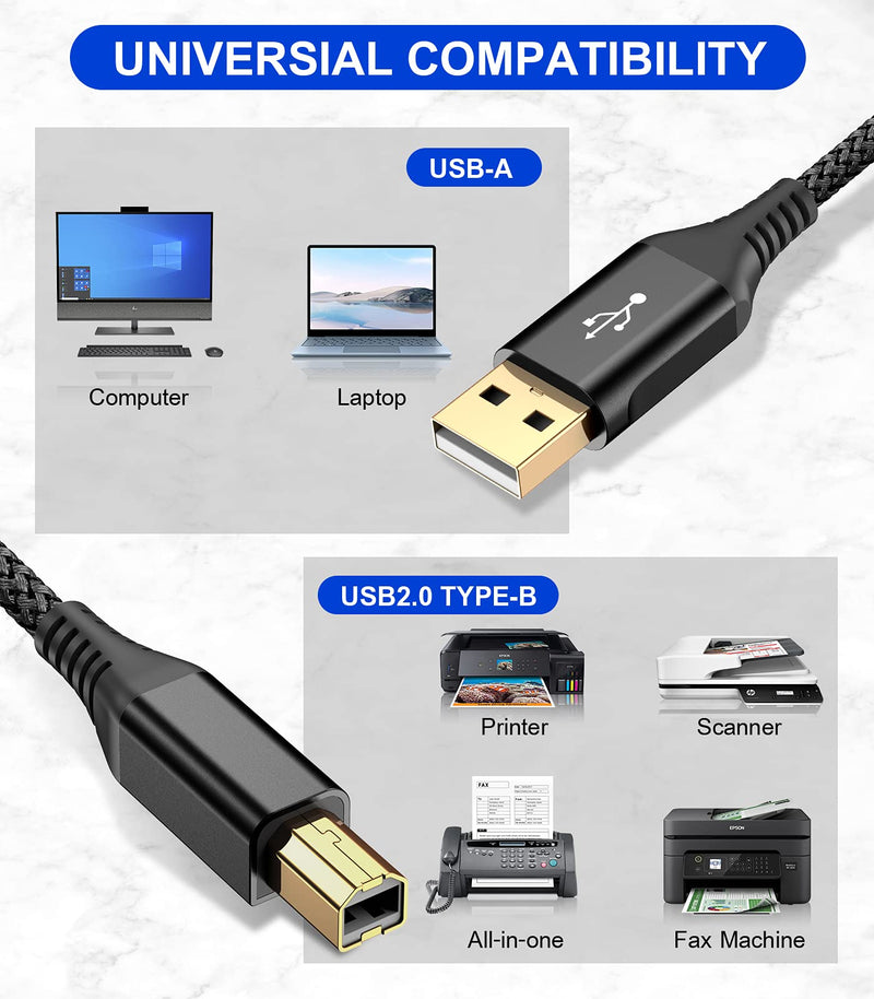  [AUSTRALIA] - sweguard Printer Cable 10ft, USB 2.0 Printer Cable USB-A to USB-B Cable, High Speed Nylon Braided Scanner Printer Cord for HP Canon Dell Epson Brother Lexmark Xerox Samsung Piano DAC & More-Black black