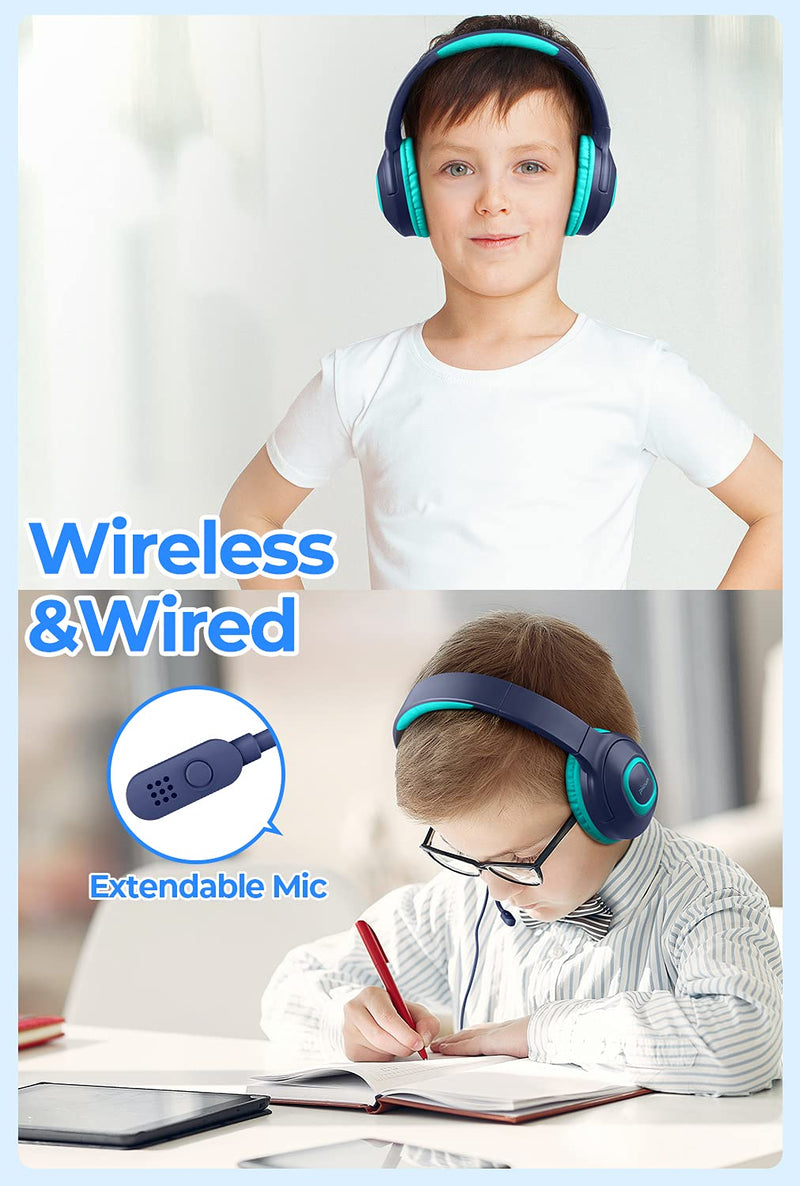  [AUSTRALIA] - E5 Kids Wireless Headphones with Microphone, Bluetooth 5.0 Over Ear Wireless Kids Headphones with Volume Control 85dB/93dB, 40H Playtime,Sharing Function,for School/iPad/Tablet/Boys/Girls Blue Cyan
