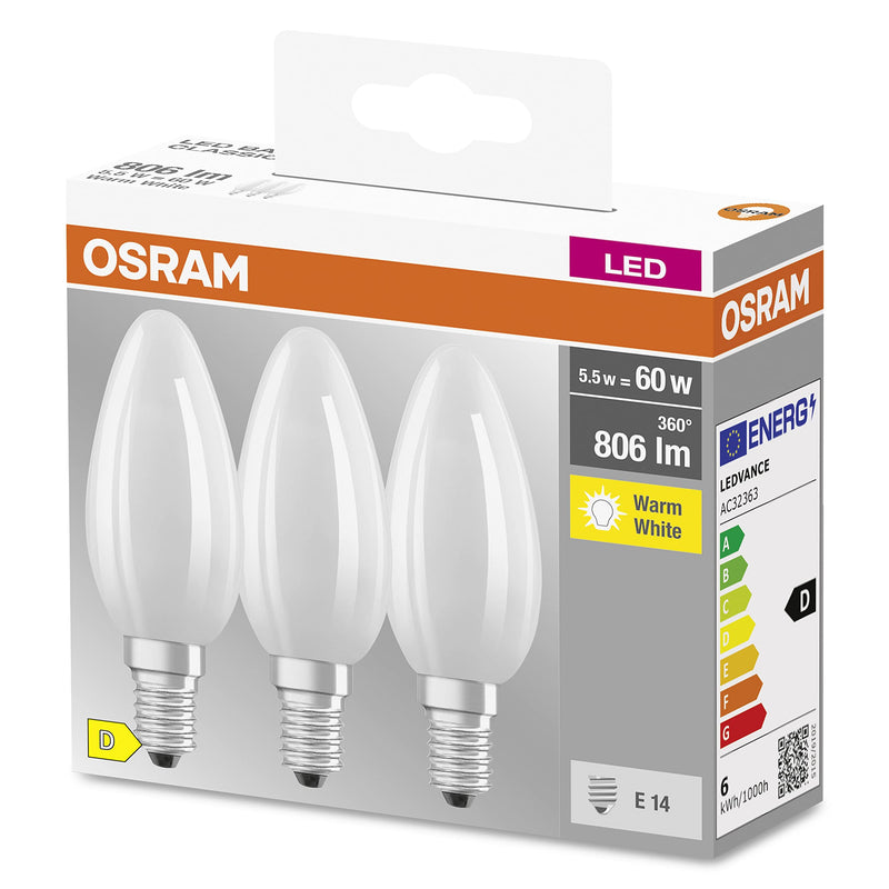  [AUSTRALIA] - OSRAM Star filament lamp for E14 base, matt glass, warm white (2700K), 806 lumens, replacement for conventional 60W bulbs, not dimmable, pack of 3 2700k warm white 3 pack candle shape