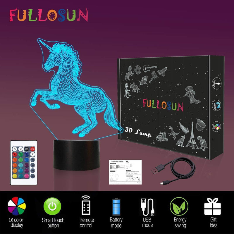  [AUSTRALIA] - FULLOSUN Unicorn Bedside Lamp 3D Illusion Night Light,16 Colors Changing Remote Control Optical Light ,Room Decor Unique Birthday Christmas Gift for Girls Kids Toddler