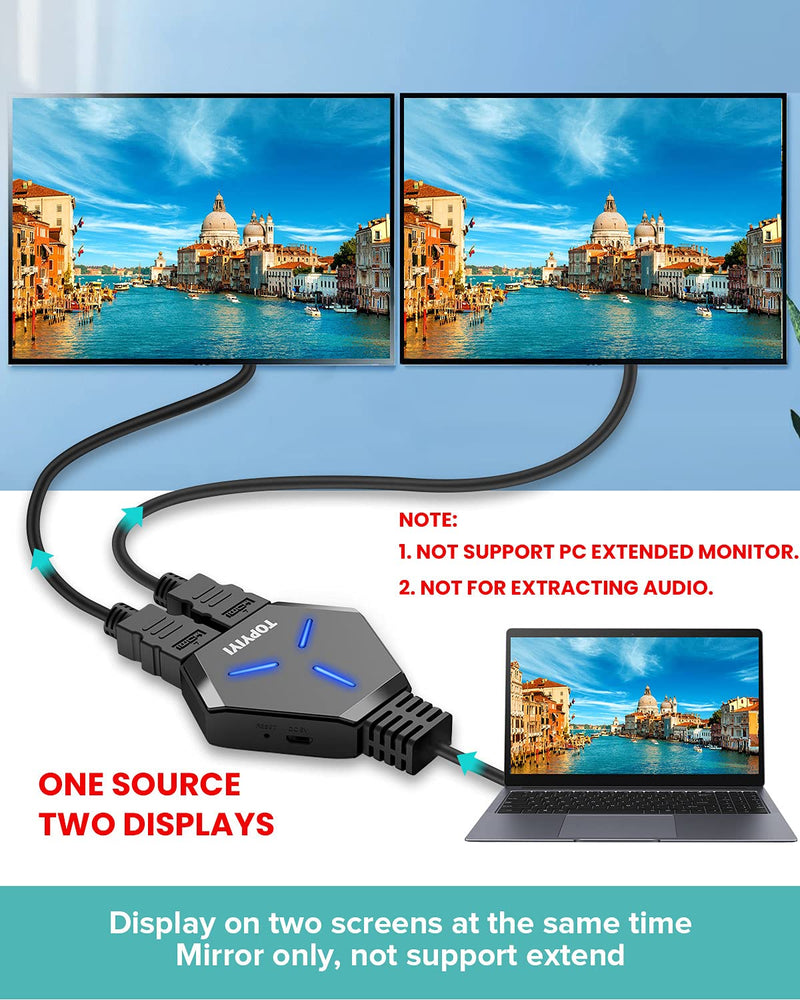 HDMI Splitter 1 in 2 Out, TOPYIYI 4K HDMI Splitter for Dual Monitors with Pigtail HDMI Cable, HDCP1.4 Bypass, Supports 4K@30Hz 3D 1080P for Xbox PS4 PS3 Blu-Ray Player Fire Stick Cable Box - LeoForward Australia