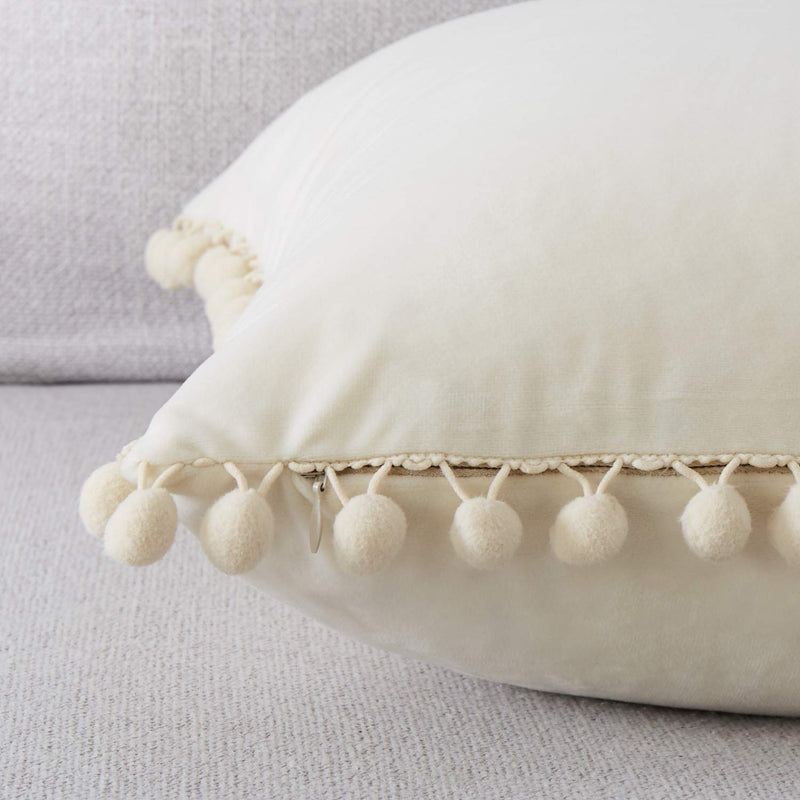  [AUSTRALIA] - Top Finel Lumbar Throw Pillow Covers with Pom Poms Soft Particles Velvet Solid Cushion Covers 12 X 20 for Couch Sofa Bedroom Car, Pack of 2, Cream 12"x20"