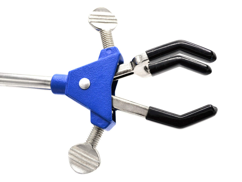 3 Finger, Vinyl Coated Dual Adjustable Extension Clamp on Stainless Steel Rod - 2.3" Max Clamp Opening, 5" Rod - Powder Coated Zinc Alloy - Research, Industrial Laboratory Grade - Eisco Labs - LeoForward Australia