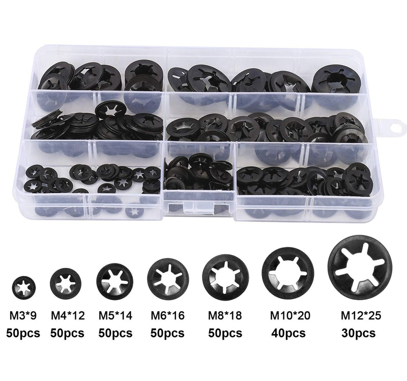  [AUSTRALIA] - HanTof 7 Sizes 320PCS Internal Tooth Starlock Washers,Quick Speed Locking Washers, Push On Retainers Clips,Push On Nut Fasteners Assortment Kit for Shaft and Stud,65Mn Spring Steel,Black Oxide Finish