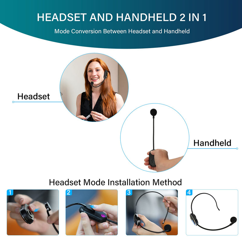  [AUSTRALIA] - Wireless Microphone Headset UHF Wireless Headset Mic System Headset Mic and Handheld Mic 2 in 1 165ft Range 1/4'' and 1/8'' Plug for iPhone Smartphone Speaker Amplifier Laptop Desktop Camera