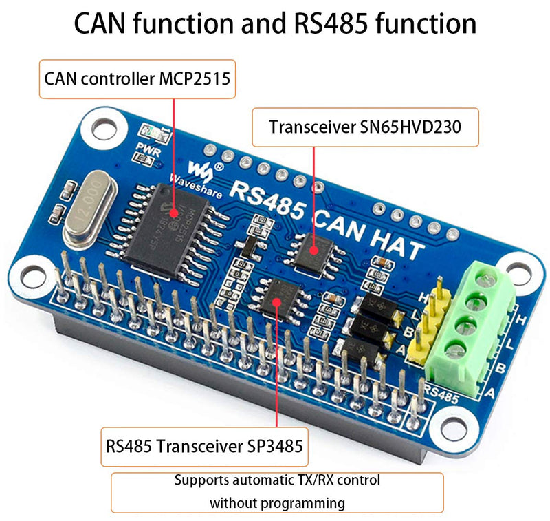  [AUSTRALIA] - RS485 CAN HAT for Raspberry Pi 4B/3B+/3B/2B/B+/A+/Zero/Zero W/WH,Allow Long-Distance Communication via RS485/CAN Function Onboard CAN Controller MCP2515 via SPI Interface Transceiver SN65HVD230