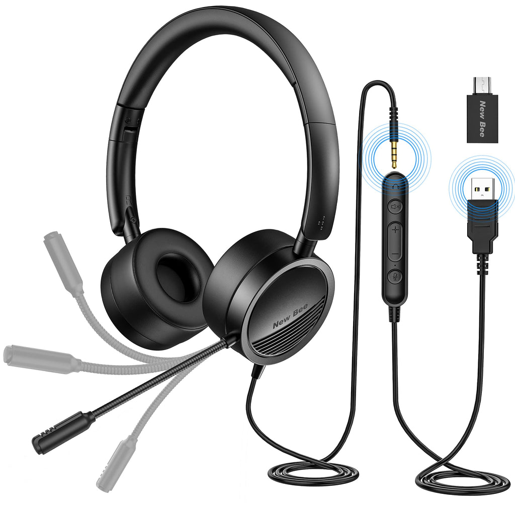  [AUSTRALIA] - USB Headset New bee Computer Headset in-Line Call Controls Office Headset with Noise Cancelling Micphone Call Center Headset for Skype, Zoom, Laptop, Phone, PC, Tablet, Home with USB-C Adapter 1 pack