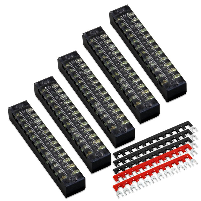  [AUSTRALIA] - MILAPEAK 10pcs (5 Sets) 12 Positions Dual Row 600V 15A Screw Terminal Strip Blocks with Cover + 400V 15A 12 Positions Pre-Insulated Terminals Barrier Strip (Black & Red) 15A 12P+5pcs Jumpers