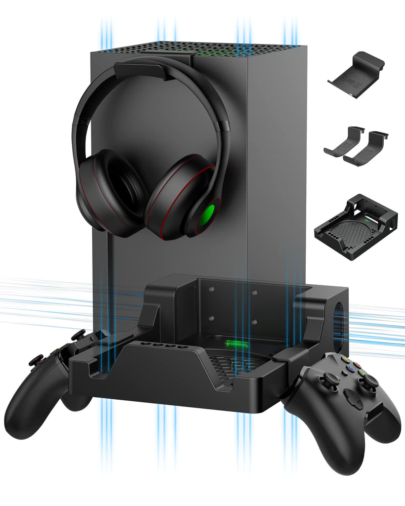  [AUSTRALIA] - Wall Mount for Xbox Series X, ZAONOOL Strudy Wall Mount Kit for Xbox Series X with Two Detachable Controller and Headphone Holder, Dual Ventilation Design, Place The Console Facing Forward