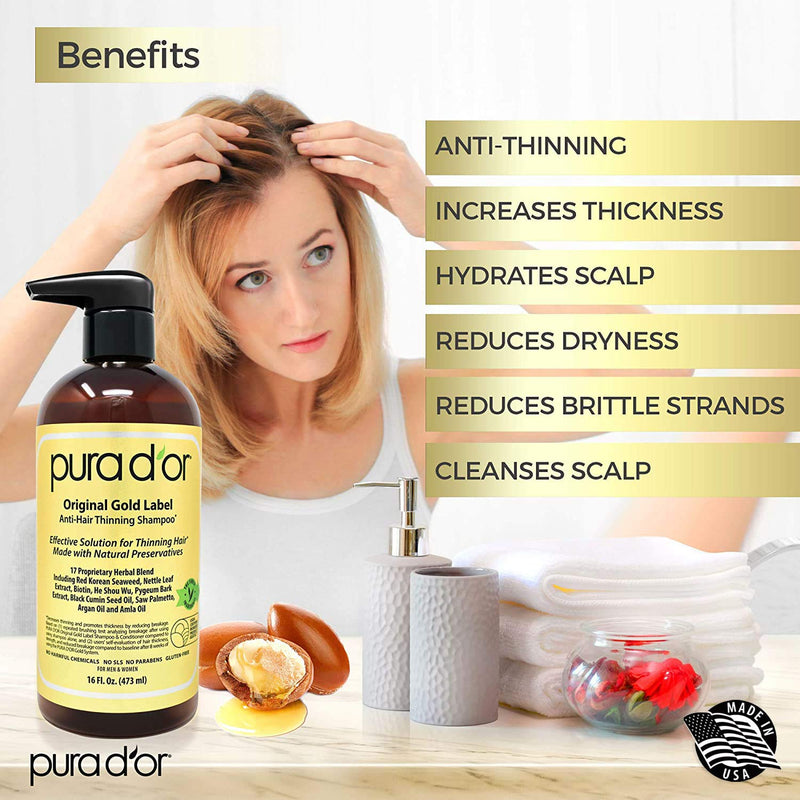 PURA D'OR Original Gold Label Anti-Thinning Biotin Shampoo (16oz) w/ Argan Oil, Nettle Extract, Saw Palmetto, Red Seaweed, 17+ DHT Herbal Actives, No Sulfates, Natural Preservatives, For Men & Women - LeoForward Australia