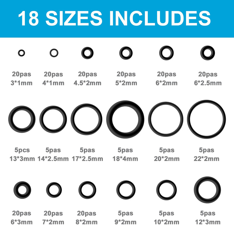  [AUSTRALIA] - 225PCS Rubber O Ring Assortment Kits 18 Sizes Sealing Gasket Washers Made of Nitrile Rubber NBR for Professional Plumbing, Automotive Repair, Air or Gas Connections