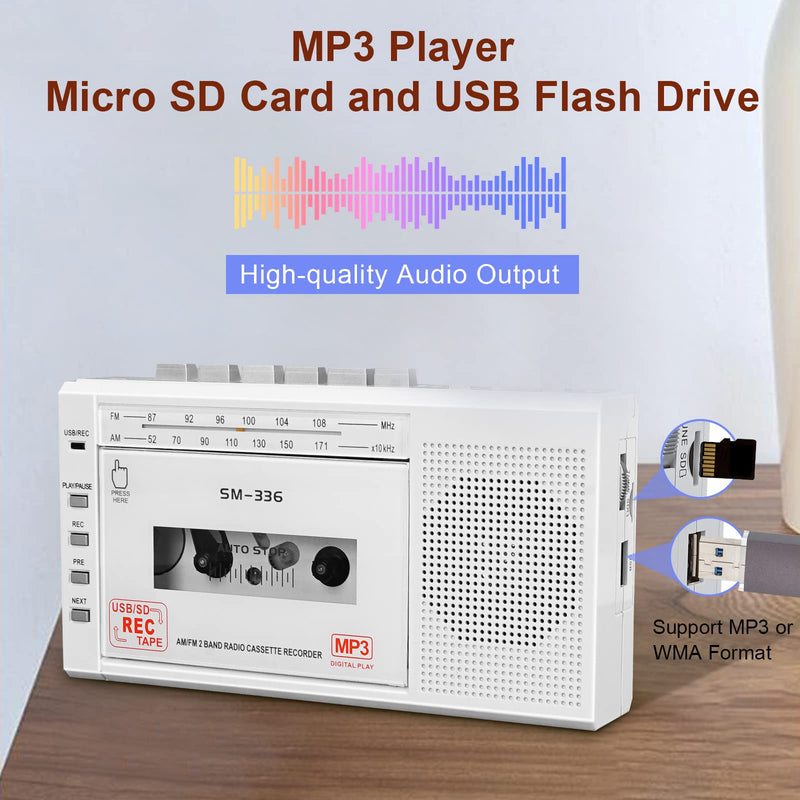  [AUSTRALIA] - Portable Cassette Player Recorder, Cassette to MP3 Digital Converter, USB and Micro SD Card MP3 Player Recorder, Powered by AC or 4 AA Battery AM FM Radio Tape Walkman, Build-in Speaker and Microphone White