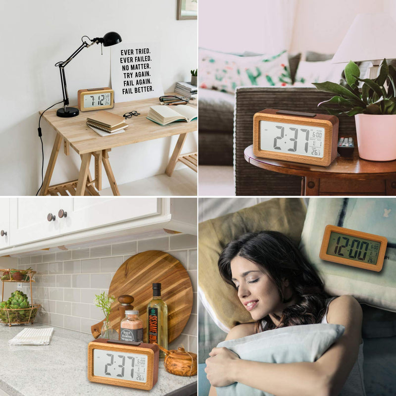  [AUSTRALIA] - OURISE Wooden Large LED Digital Alarm Clock, Smart Sensor Night Light with Snooze, Date, Temperature, 12/24Hr Switchable,Easy to Use,Solid Wood Shell, for Bedrooms and Travel,Battery Operated(Brown) Brown