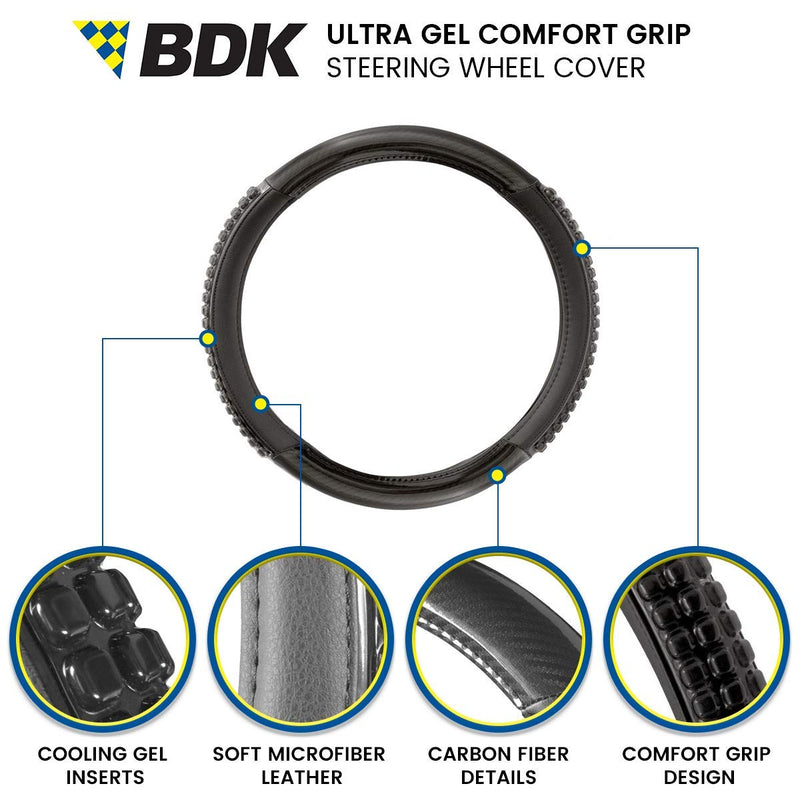  [AUSTRALIA] - BDK Ultra Gel Comfort Grip Steering Wheel Cover – Carbon Fiber Detail with Black Microfiber Leather Trim and Cooling Gel Grip for Steering Wheel Cover Sizes 14.5 to 15.5 inch Solid Black
