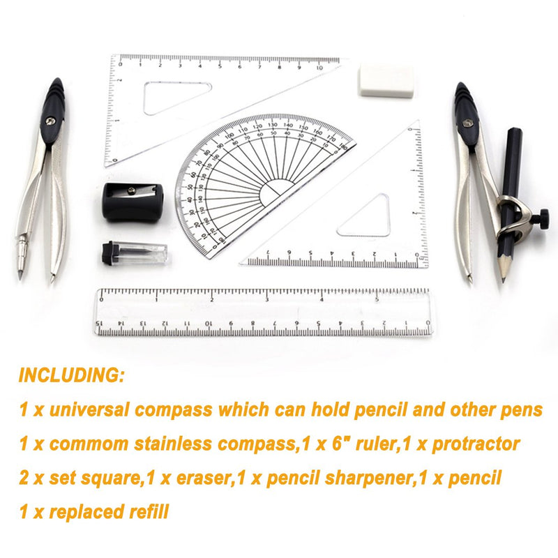 SAYEEC Compass Set Professional Geometry Math Kit 10pcs Precision Compass Drawing Tool with Pencil for Student, School Suppler Ruler, Protractor, Set Square Eraser Pencil Sharpener - LeoForward Australia